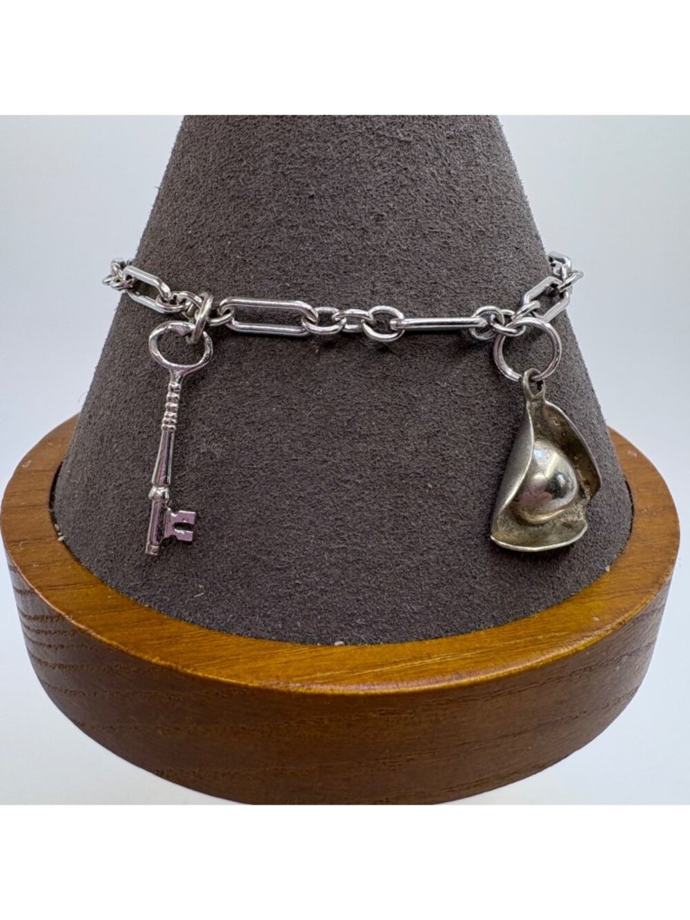 Key & Hat Charm Link Bracelet VTG Sterling Silver 925 Size 7.5" Length